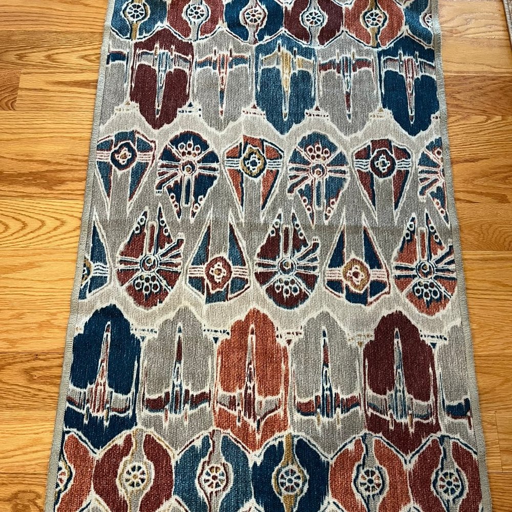 Geometric Patterned Rug in Blue, Red, and Gray